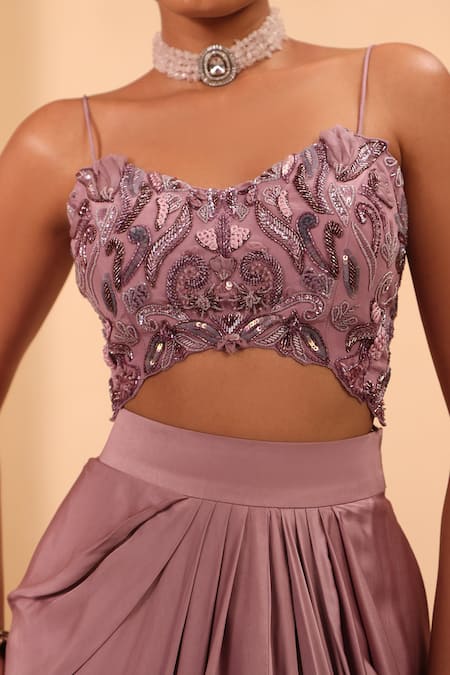 Buy_One Knot One By Ashna_Purple Crepe, Silk Satin Sequins, Embroidery V-neck, Open Cape And Drape Skirt Set 