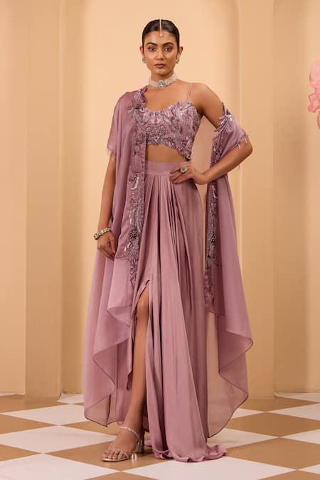 Shop_One Knot One By Ashna_Purple Crepe, Silk Satin Sequins, Embroidery V-neck, Open Cape And Drape Skirt Set 