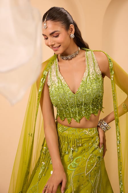 Shop_One Knot One By Ashna_Green Silk, Net Sequins, Embroidery, Beads V-neck Lehenga Set _Online_at_Aza_Fashions