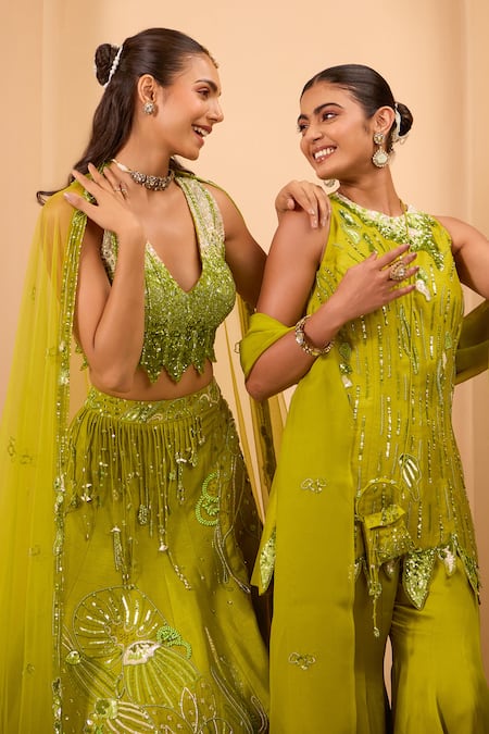 One Knot One By Ashna_Green Silk, Net Sequins, Embroidery, Beads V-neck Lehenga Set _at_Aza_Fashions