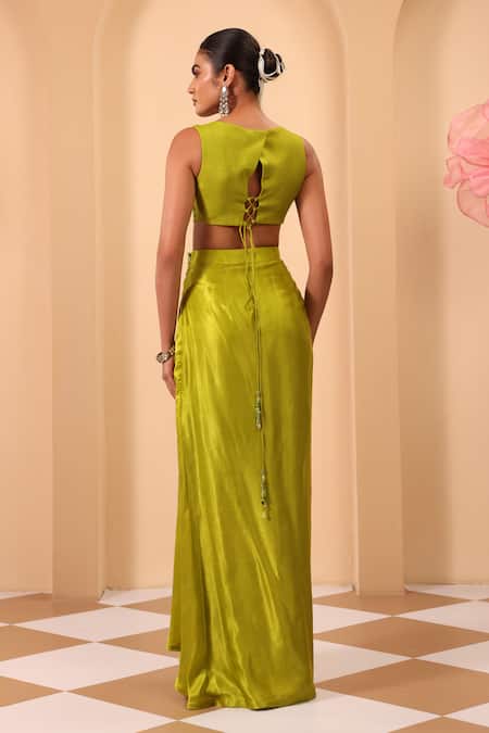 One Knot One By Ashna Green Silk Embroidered Blouse & Draped Skirt 