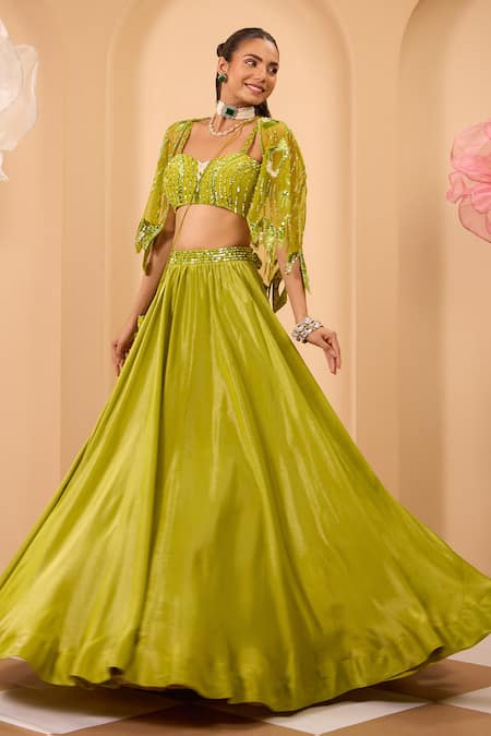 Buy_One Knot One By Ashna_Green Tissue, Crepe Sequins, Beads, Embroidery Designer Lehenga Set With Cape _Online_at_Aza_Fashions
