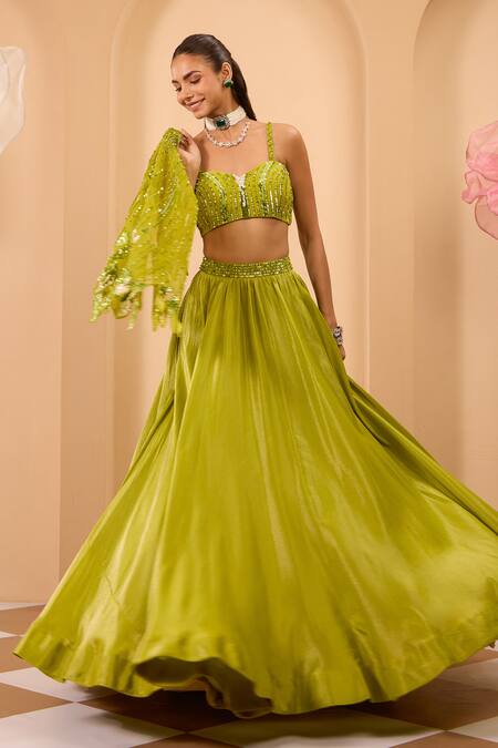 Shop_One Knot One By Ashna_Green Tissue, Crepe Sequins, Beads, Embroidery Designer Lehenga Set With Cape _Online_at_Aza_Fashions