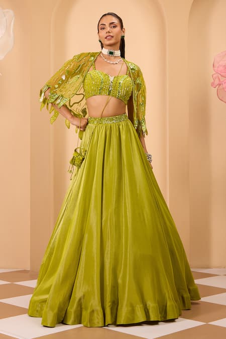 One Knot One By Ashna Green Tissue, Crepe Sequins, Beads, Embroidery Designer Lehenga Set With Cape 