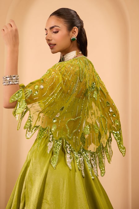 One Knot One By Ashna_Green Tissue, Crepe Sequins, Beads, Embroidery Designer Lehenga Set With Cape _at_Aza_Fashions