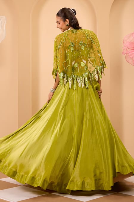 One Knot One By Ashna Green Designer Lehenga Set with Cape 