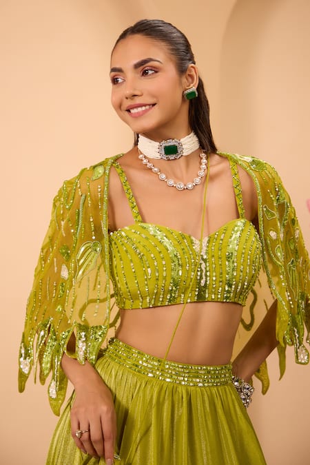 Shop_One Knot One By Ashna_Green Tissue, Crepe Sequins, Beads, Embroidery Designer Lehenga Set With Cape 
