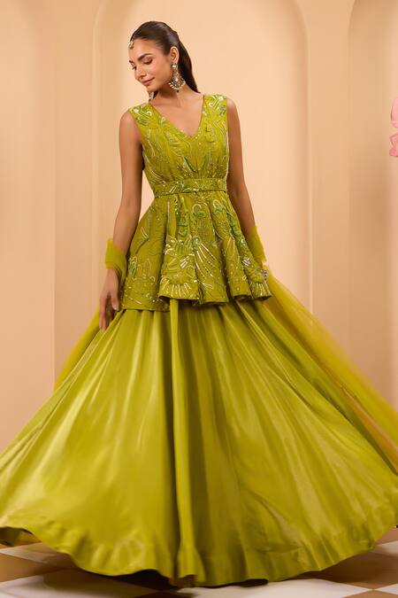 Buy One Knot One By Ashna Green Tissue, Silk, Net Embroidery, Sequins V-neck Peplum Kurta Lehenga Set Online at Aza Fashions Buy_One Knot One By Ashna_Green Tissue, Silk, Net Embroidery, Sequins V-neck Peplum Kurta Lehenga Set _Online_at_Aza_Fashions