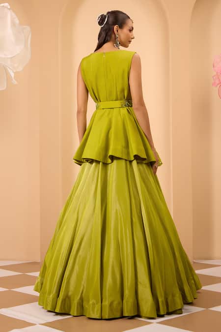 One Knot One By Ashna Green Embroidered Peplum Kurta Lehenga Set 