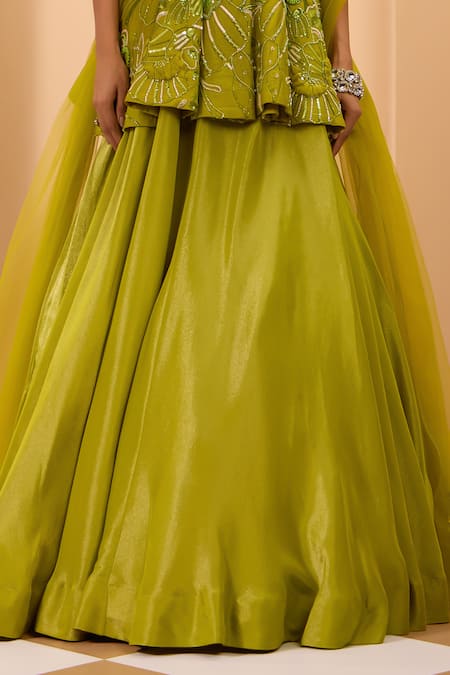 Shop One Knot One By Ashna Green Tissue, Silk, Net Embroidery, Sequins V-neck Peplum Kurta Lehenga Set Online at Aza Fashions Shop_One Knot One By Ashna_Green Tissue, Silk, Net Embroidery, Sequins V-neck Peplum Kurta Lehenga Set _Online_at_Aza_Fashions
