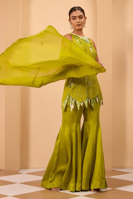 Shop_One Knot One By Ashna_Green Silk, Satin, Organza Sequins, Embroidery Embellished Sharara Kurta Set _Online_at_Aza_Fashions