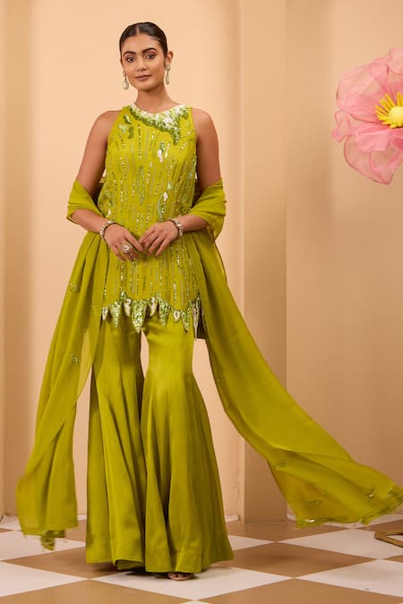 One Knot One By Ashna Green Silk, Satin, Organza Sequins, Embroidery Embellished Sharara Kurta Set 