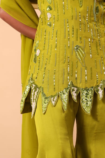 One Knot One By Ashna_Green Silk, Satin, Organza Sequins, Embroidery Embellished Sharara Kurta Set _at_Aza_Fashions