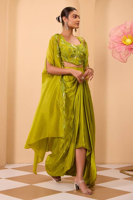 Buy_One Knot One By Ashna_Green Silk Beads, Embroidery V-, Open Drape Skirt And Cape Set _Online_at_Aza_Fashions