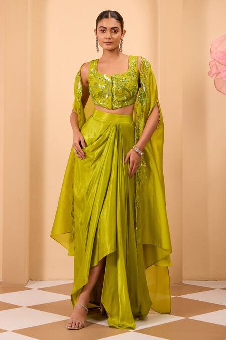 One Knot One By Ashna_Green Silk Beads, Embroidery V-, Open Drape Skirt And Cape Set _at_Aza_Fashions