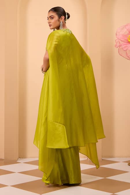 One Knot One By Ashna Embroidered Green Drape Skirt & Cape Set 