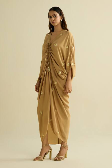 Meesa Beige Crepe Embroidery V-neck Embellished Designer Kaftan Online at Aza Fashions Meesa_Beige Crepe Embroidery V-neck Embellished Designer Kaftan _Online_at_Aza_Fashions