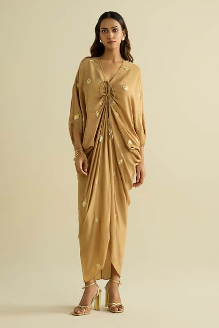 Meesa Beige Crepe Embroidery V-neck Embellished Designer Kaftan 