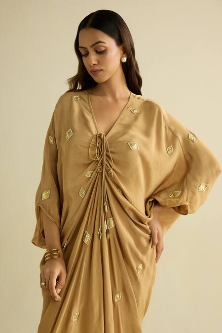 Buy Meesa Beige Crepe Embroidery V-neck Embellished Designer Kaftan Online at Aza Fashions Buy_Meesa_Beige Crepe Embroidery V-neck Embellished Designer Kaftan _Online_at_Aza_Fashions