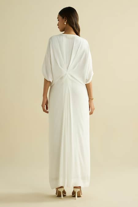 Shop Meesa White Crepe Embroidery V-neck Kaftan at Aza Fashions Shop_Meesa_White Crepe Embroidery V-neck Kaftan _at_Aza_Fashions