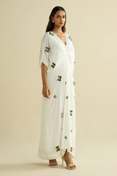 Meesa White Crepe Embroidery V-neck Kaftan Online at Aza Fashions Meesa_White Crepe Embroidery V-neck Kaftan _Online_at_Aza_Fashions