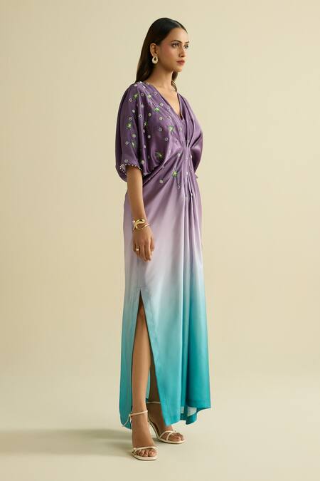 Buy Meesa Purple Crepe Embroidery V-neck Multicolor Kaftan Online at Aza Fashions Buy_Meesa_Purple Crepe Embroidery V-neck Multicolor Kaftan _Online_at_Aza_Fashions