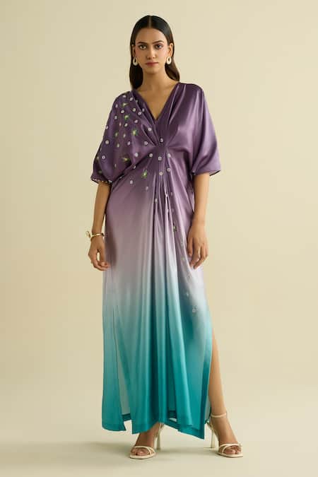 Meesa Purple Crepe Embroidery V-neck Multicolor Kaftan