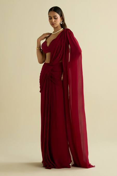 Meesa_Maroon Georgette, Chanderi Silk Round Neck Pre-draped Saree Set _Online_at_Aza_Fashions