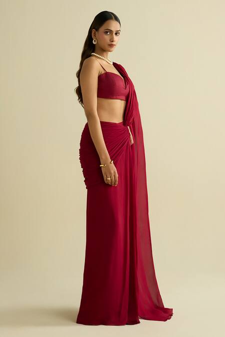 Buy_Meesa_Maroon Georgette, Chanderi Silk Round Neck Pre-draped Saree Set _Online_at_Aza_Fashions