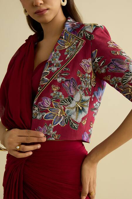 Meesa_Maroon Crepe Embroidery Round Neck Jacket _Online_at_Aza_Fashions