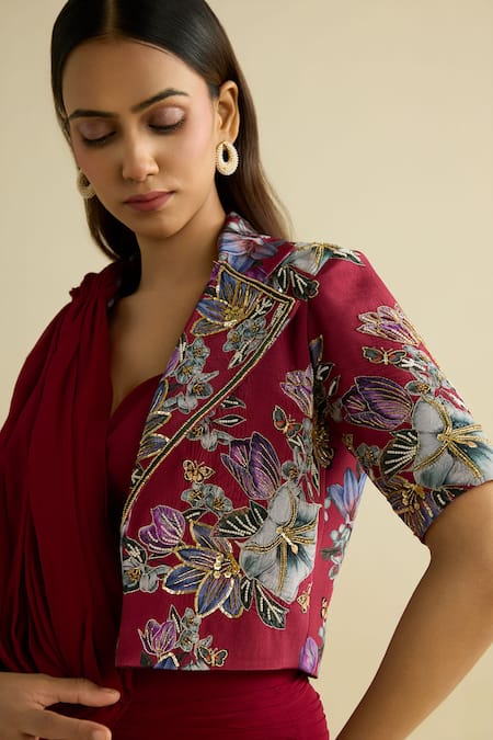 Buy_Meesa_Maroon Crepe Embroidery Round Neck Jacket _Online_at_Aza_Fashions