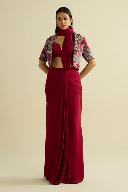 Meesa Maroon Crepe Embroidery Round Neck Jacket 