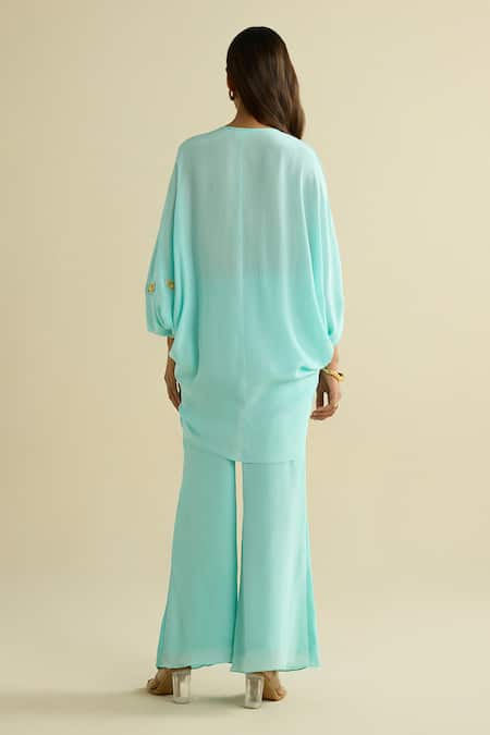 Shop Meesa Aqua Crepe Embroidery V-neck Blue Designer Tunic And Pant Set at Aza Fashions Shop_Meesa_Aqua Crepe Embroidery V-neck Blue Designer Tunic And Pant Set _at_Aza_Fashions
