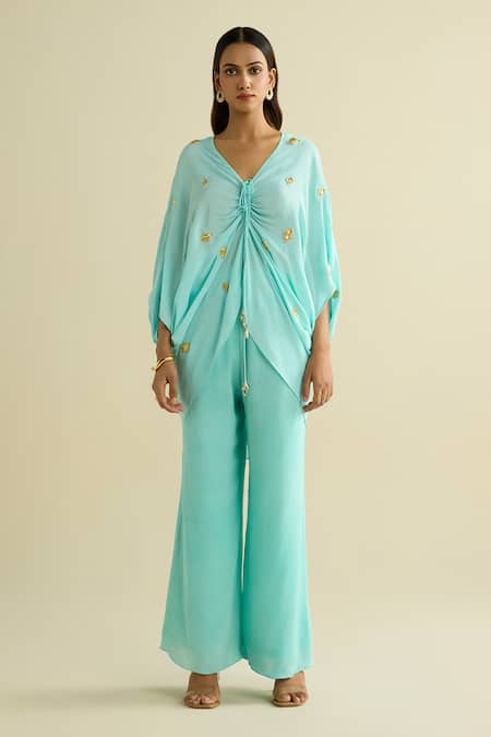 Meesa Aqua Crepe Embroidery V-neck Blue Designer Tunic And Pant Set