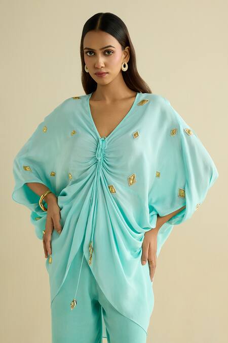Meesa Aqua Crepe Embroidery V-neck Blue Designer Tunic And Pant Set Online at Aza Fashions Meesa_Aqua Crepe Embroidery V-neck Blue Designer Tunic And Pant Set _Online_at_Aza_Fashions