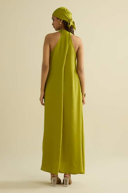Shop Meesa Green Crepe Embroidery Halter Neck Designer Dress at Aza Fashions Shop_Meesa_Green Crepe Embroidery Halter Neck Designer Dress _at_Aza_Fashions