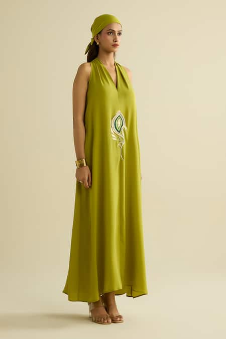 Buy Meesa Green Crepe Embroidery Halter Neck Designer Dress Online at Aza Fashions Buy_Meesa_Green Crepe Embroidery Halter Neck Designer Dress _Online_at_Aza_Fashions