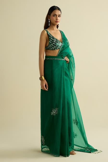 Meesa Green Organza, Chanderi Silk Sequins, Beads V-neck Pre-draped Saree With Blouse Online at Aza Fashions Meesa_Green Organza, Chanderi Silk Sequins, Beads V-neck Pre-draped Saree With Blouse _Online_at_Aza_Fashions