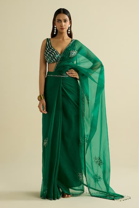 Meesa Green Organza, Chanderi Silk Sequins, Beads V-neck Pre-draped Saree With Blouse