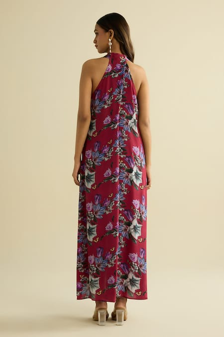 Shop Meesa Maroon Crepe Halter Neck Floral Printed Designer Dress at Aza Fashions Shop_Meesa_Maroon Crepe Halter Neck Floral Printed Designer Dress _at_Aza_Fashions