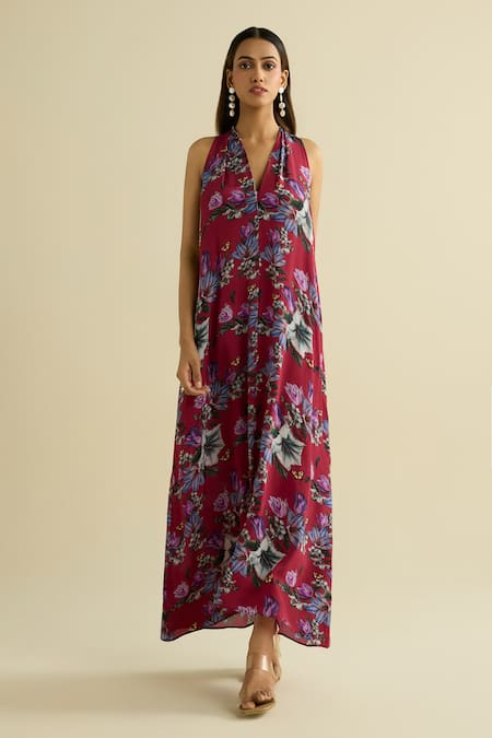 Meesa Maroon Crepe Halter Neck Floral Printed Designer Dress 