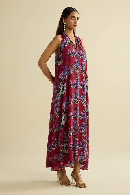 Meesa Maroon Crepe Halter Neck Floral Printed Designer Dress Online at Aza Fashions Meesa_Maroon Crepe Halter Neck Floral Printed Designer Dress _Online_at_Aza_Fashions