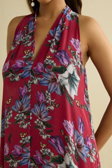 Buy Meesa Maroon Crepe Halter Neck Floral Printed Designer Dress Online at Aza Fashions Buy_Meesa_Maroon Crepe Halter Neck Floral Printed Designer Dress _Online_at_Aza_Fashions