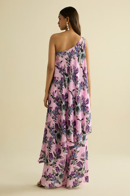 Shop Meesa Pink Crepe One Shoulder Floral Print Tunic And Pant Set at Aza Fashions Shop_Meesa_Pink Crepe One Shoulder Floral Print Tunic And Pant Set _at_Aza_Fashions