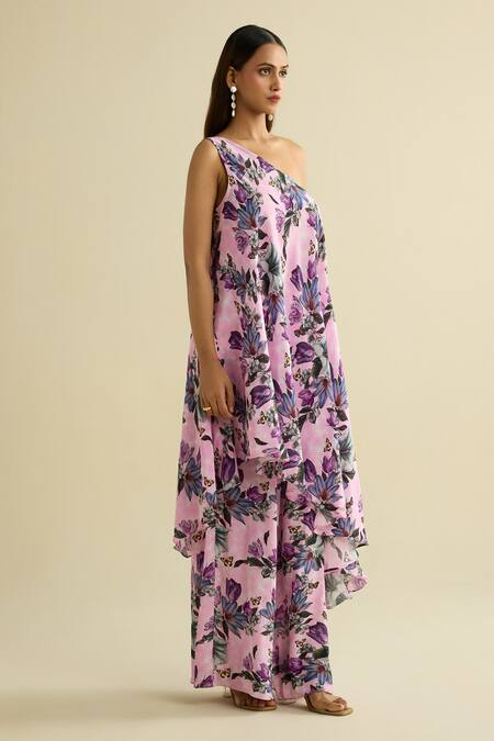 Meesa Pink Crepe One Shoulder Floral Print Tunic And Pant Set Online at Aza Fashions Meesa_Pink Crepe One Shoulder Floral Print Tunic And Pant Set _Online_at_Aza_Fashions