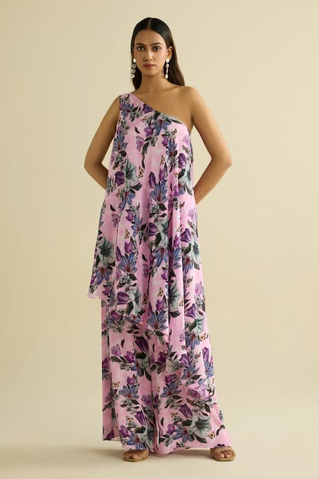 Meesa Pink Crepe One Shoulder Floral Print Tunic And Pant Set 