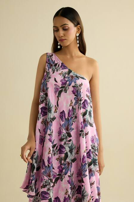 Buy Meesa Pink Crepe One Shoulder Floral Print Tunic And Pant Set Online at Aza Fashions Buy_Meesa_Pink Crepe One Shoulder Floral Print Tunic And Pant Set _Online_at_Aza_Fashions