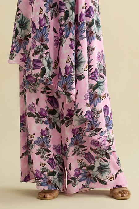 Shop Meesa Pink Crepe One Shoulder Floral Print Tunic And Pant Set Online at Aza Fashions Shop_Meesa_Pink Crepe One Shoulder Floral Print Tunic And Pant Set _Online_at_Aza_Fashions