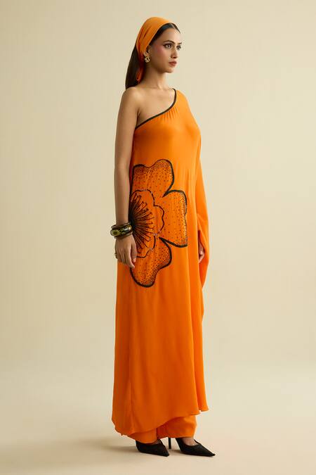 Meesa Orange Crepe Embroidery Asymmetric Tunic And Pant Set Online at Aza Fashions Meesa_Orange Crepe Embroidery Asymmetric Tunic And Pant Set _Online_at_Aza_Fashions