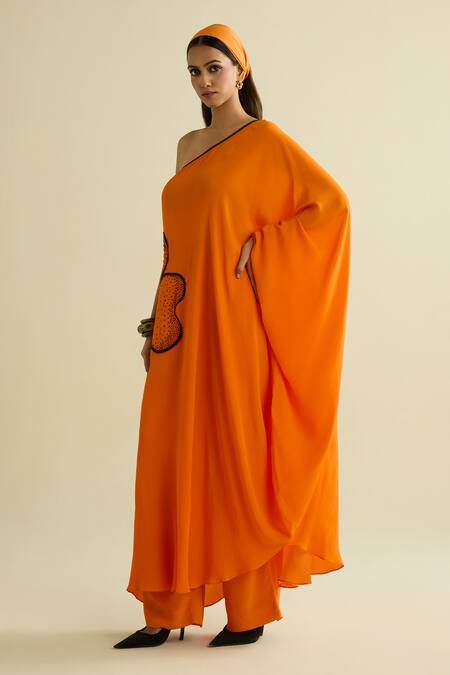 Shop Meesa Orange Crepe Embroidery Asymmetric Tunic And Pant Set Online at Aza Fashions Shop_Meesa_Orange Crepe Embroidery Asymmetric Tunic And Pant Set _Online_at_Aza_Fashions